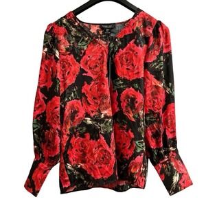 Rachel‎ Zoe Top Women M Red Floral All Over Rose Print Satin Blouse Artsy Office